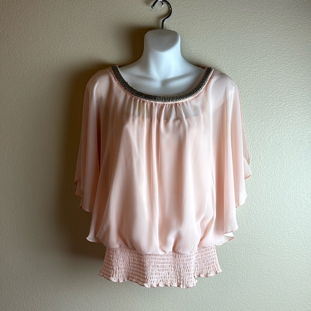 BCX Womens Smocked Hem Pink Blouse, Butterfly Sleeves Size Small